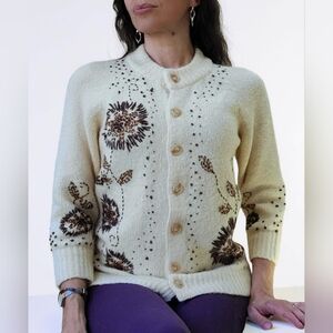 Anthropologie Women's Cream Floral Applique Sweater
